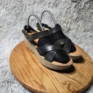 Born Alaina Womens 8M/39 Platform Wedge Black Leather Ankle Strap Buckle Sandal